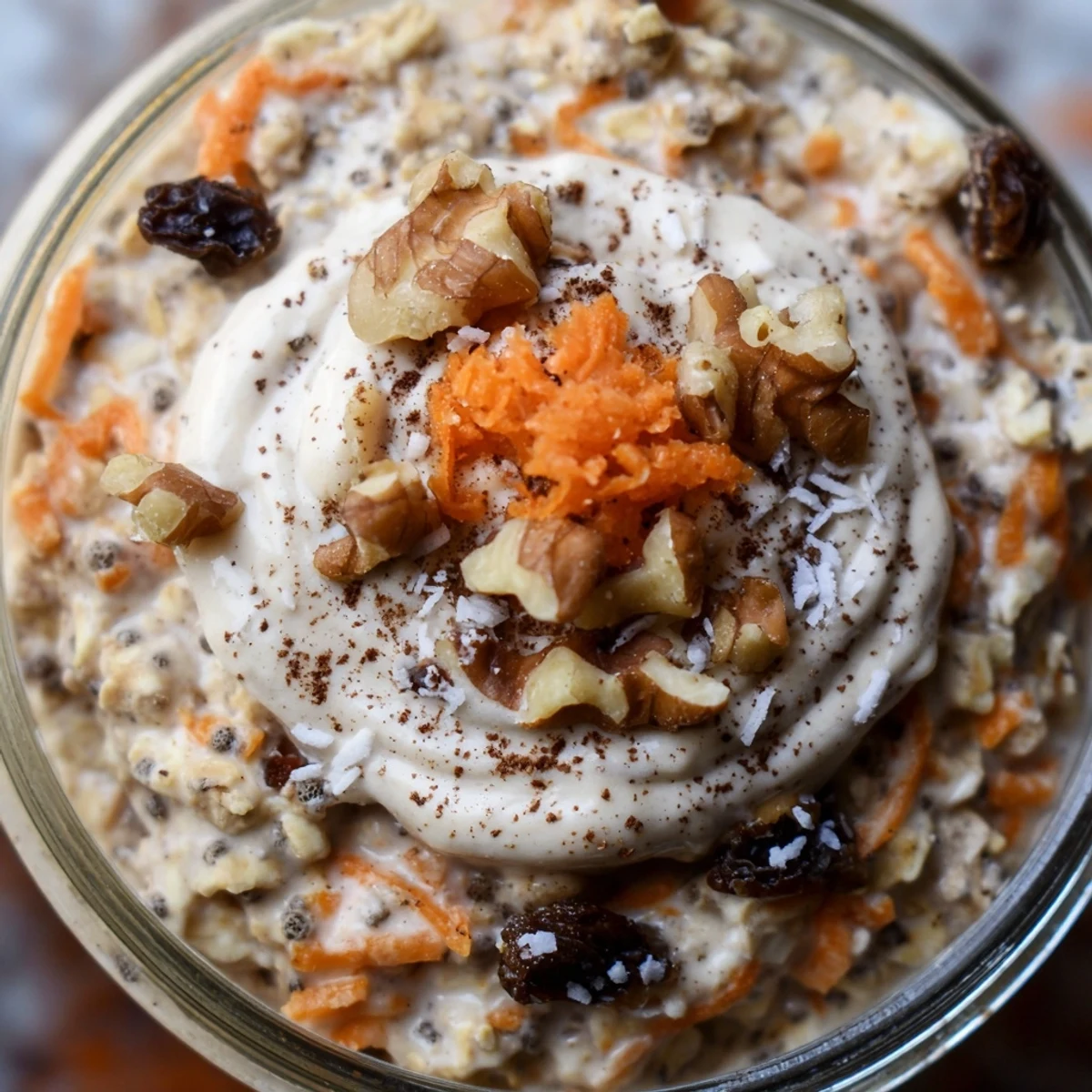 Thick spiced carrot cake overnight oats layered in a jar with golden raisins throughout