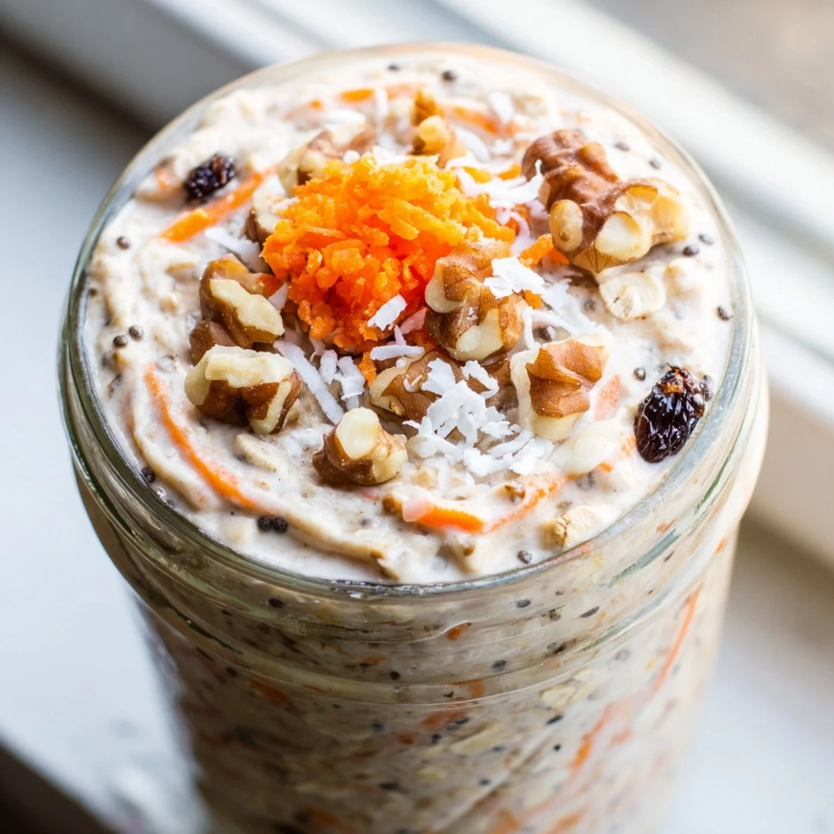 Creamy carrot cake overnight oats topped with walnuts and a drizzle of maple frosting