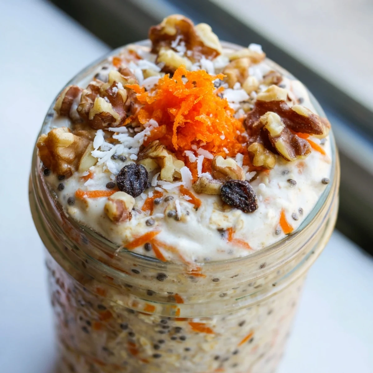 Chilled carrot cake overnight oats served in a mason jar crowned with cream cheese swirl