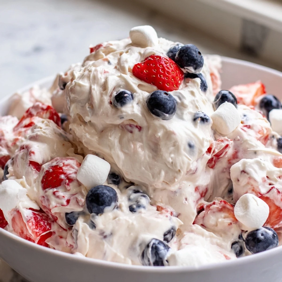 Creamy Red White Blue Cheesecake Salad topped with fresh juicy strawberries and blueberries