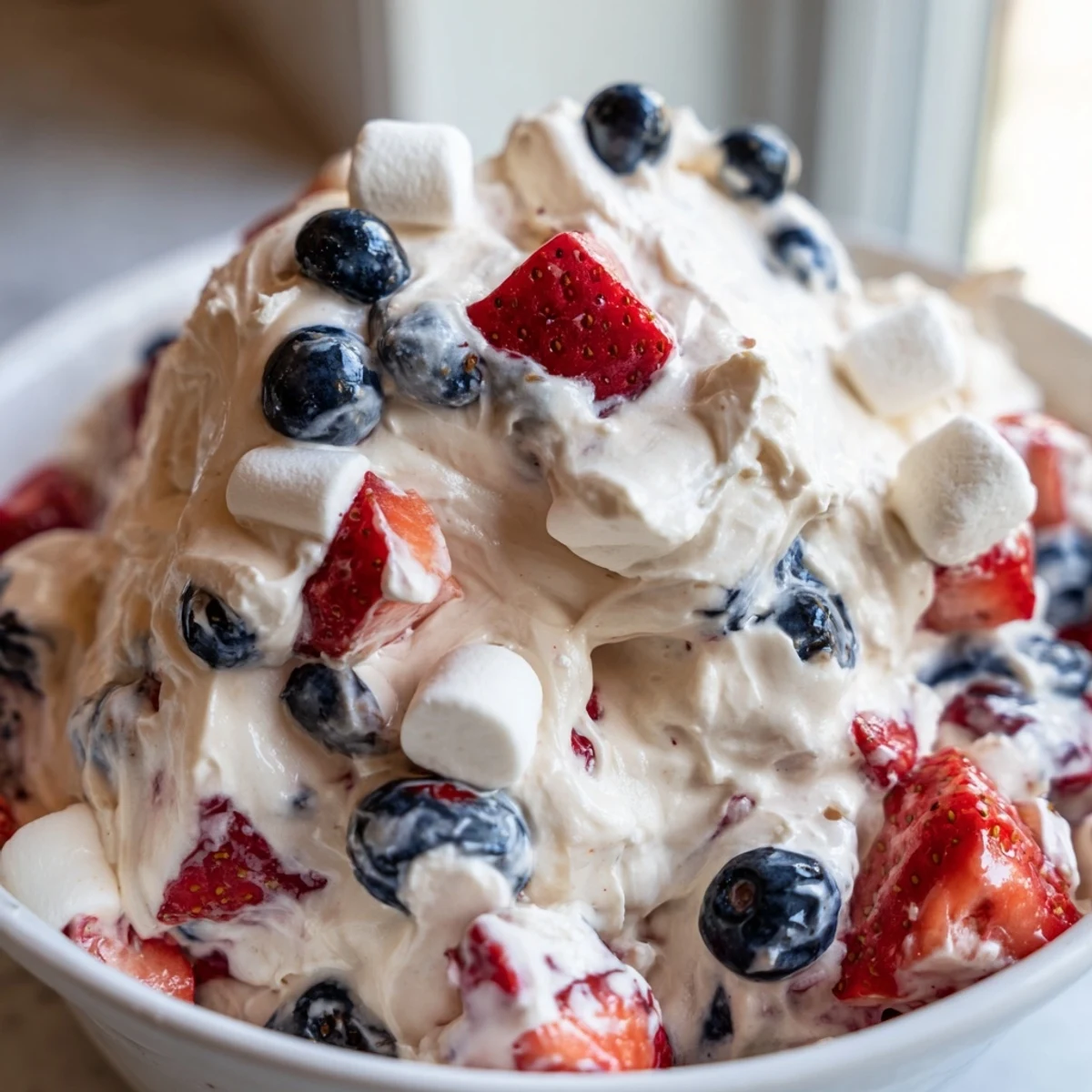 Lush Red White Blue Cheesecake Salad studded with plump berries and fluffy marshmallows