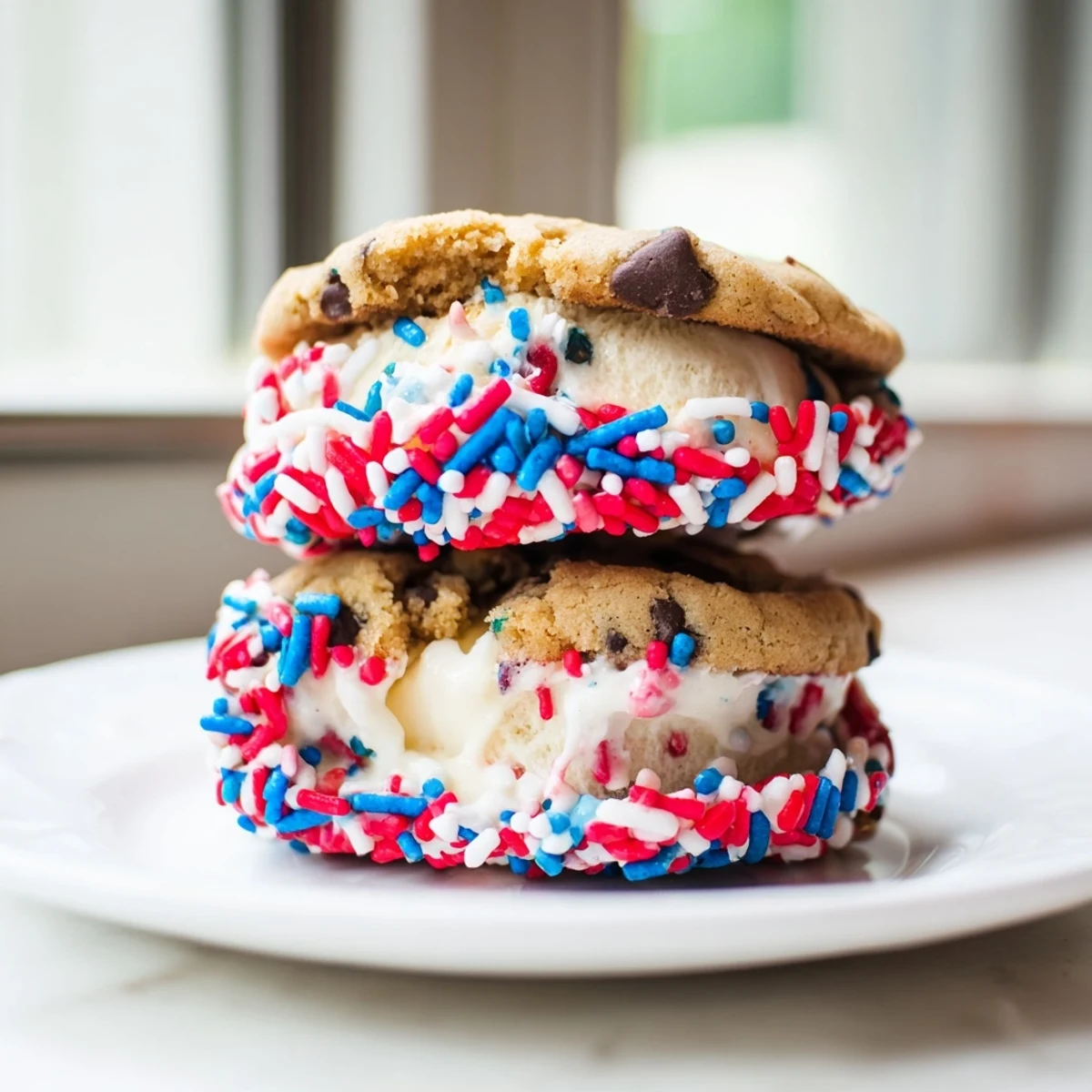Patriotic mini ice cream sandwiches rolled in colorful red, white, and blue sprinkles