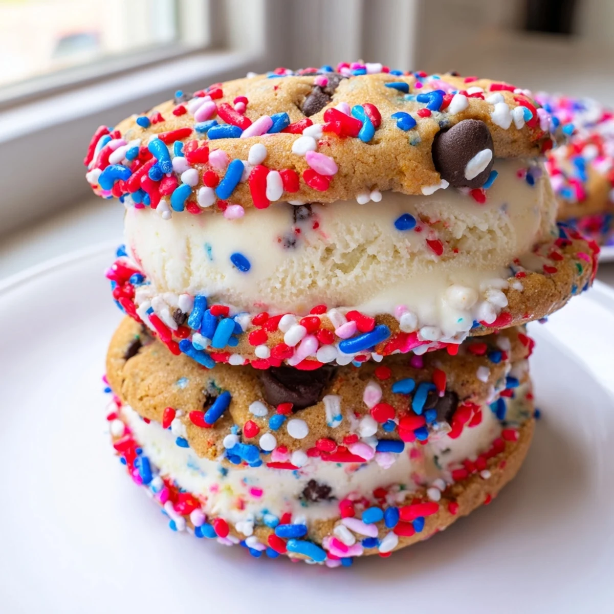 Bite-sized patriotic mini ice cream sandwiches with vanilla filling on chocolate chip cookies