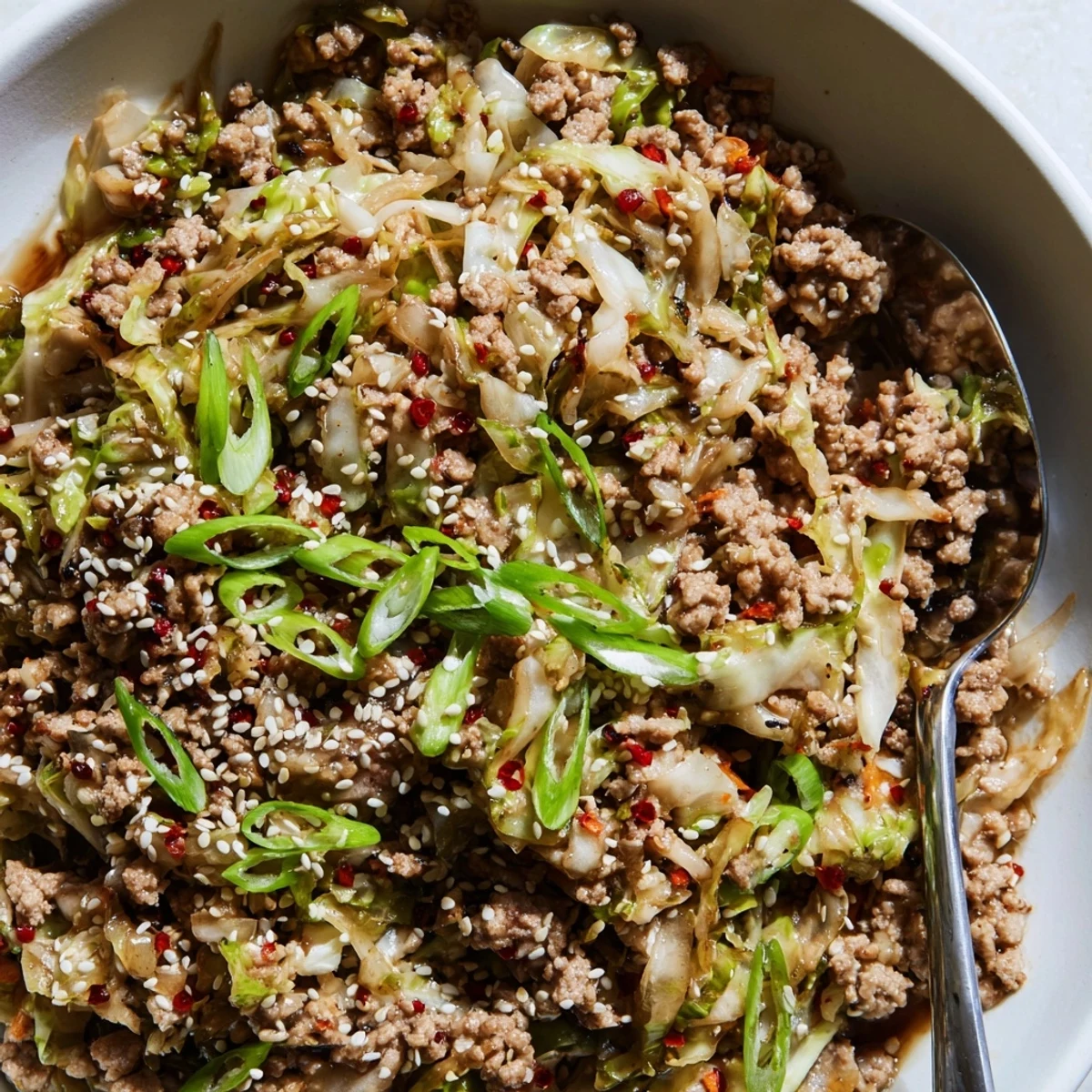 A steaming bowl of keto egg roll in a bowl with savory ground pork and tender cabbage