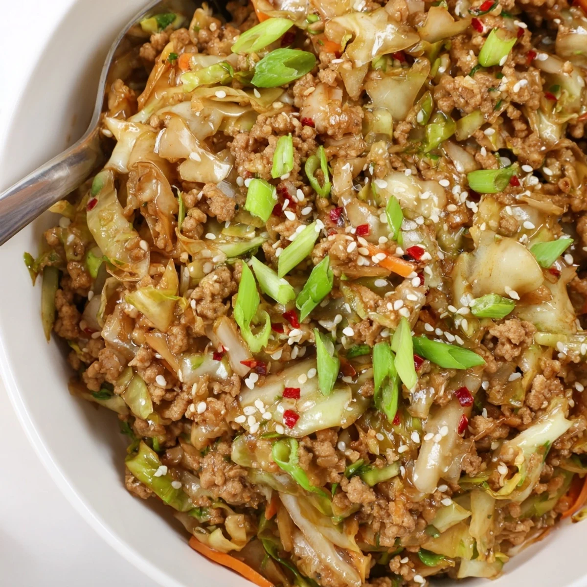 Golden ground pork and shredded cabbage in a keto egg roll in a bowl garnished with sesame seeds
