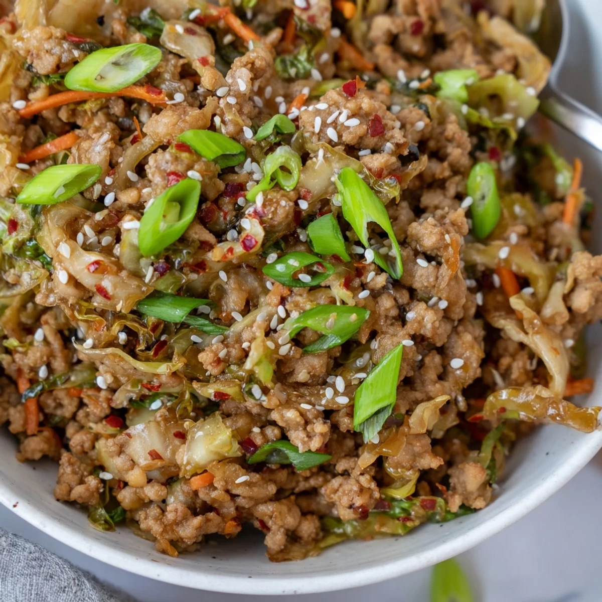 Sizzling skillet of keto egg roll in a bowl loaded with carrots, green onions, and seasoned pork