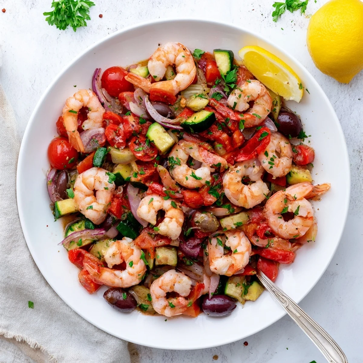 Golden pan-seared Mediterranean shrimp skillet garnished with fresh parsley and lemon wedges