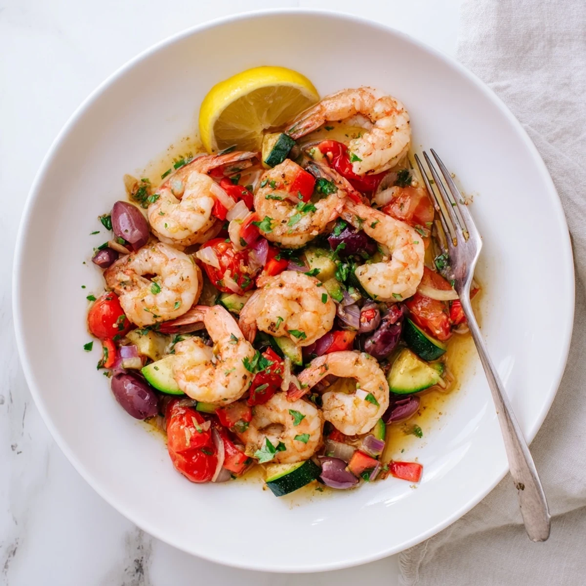 Sizzling Mediterranean shrimp skillet with cherry tomatoes and olives in a cast iron pan
