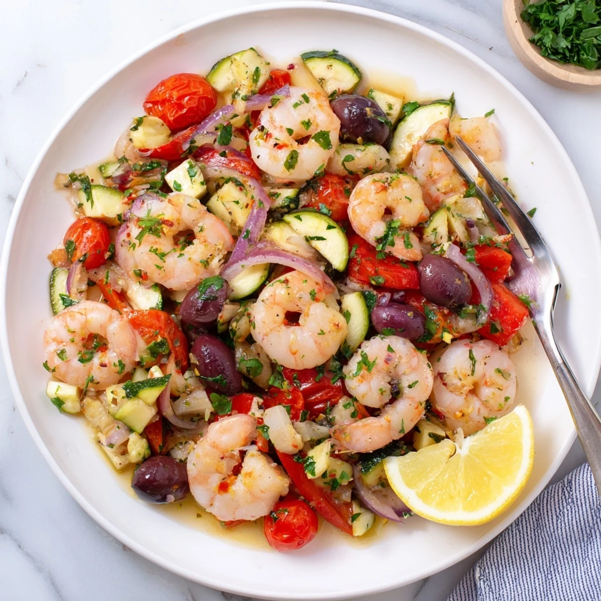 Juicy pink shrimp in a Mediterranean shrimp skillet surrounded by roasted bell peppers