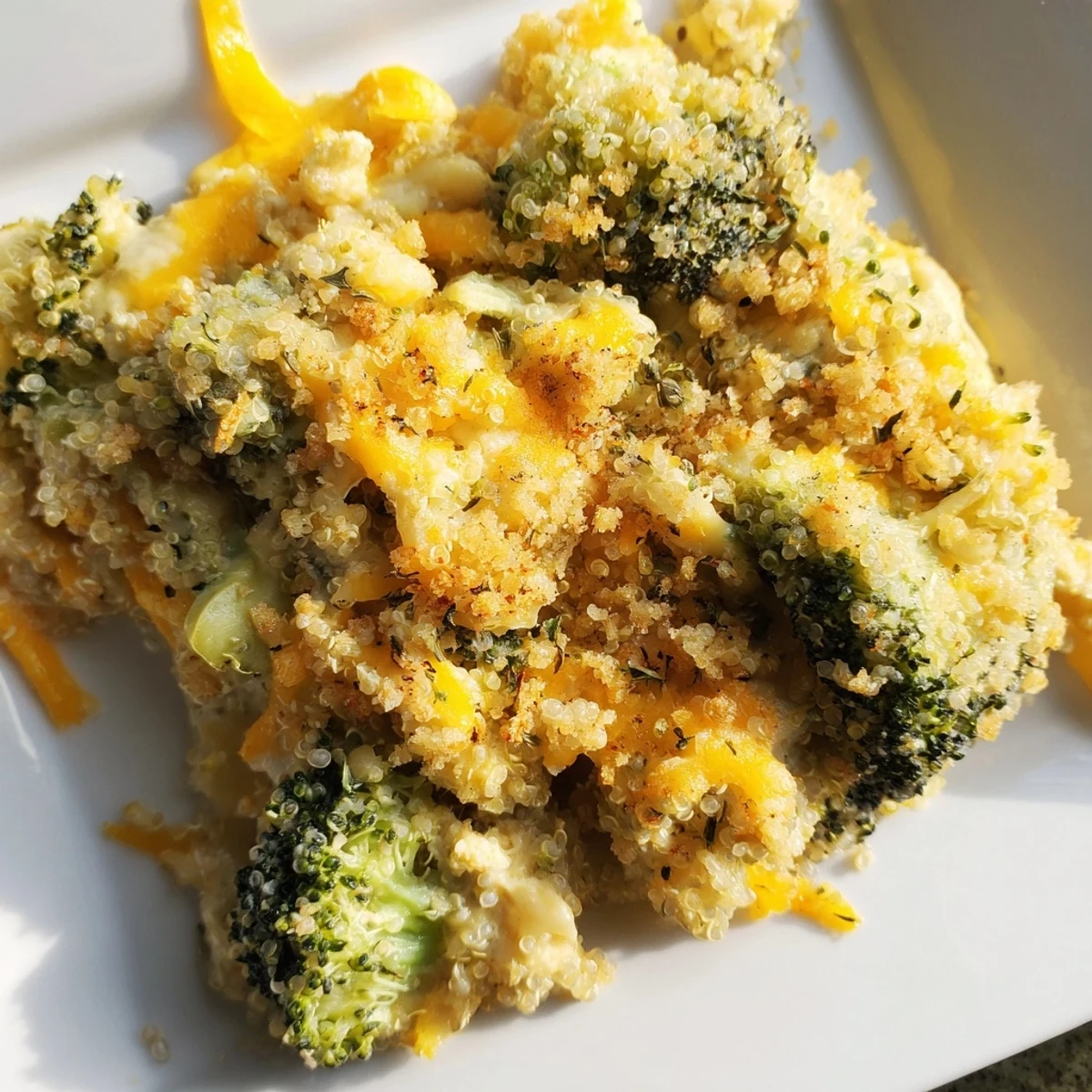 Golden baked creamy broccoli quinoa casserole with melted cheddar and crispy breadcrumbs