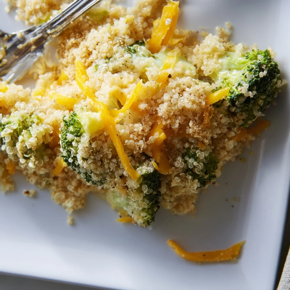 Vegetarian creamy broccoli quinoa casserole served warm from a 9x13 baking dish
