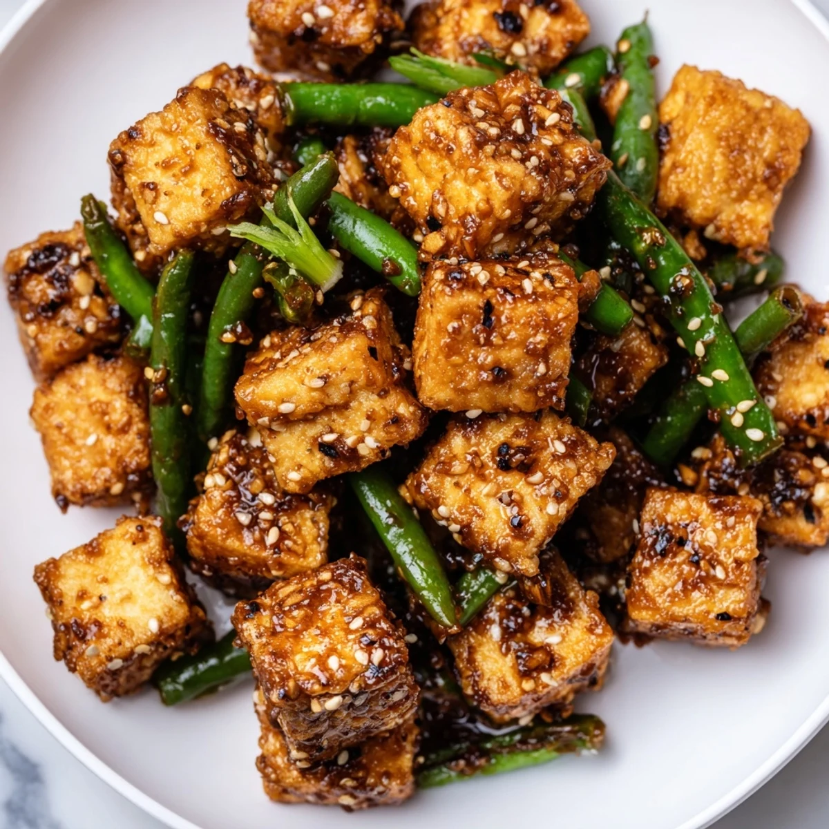 Golden crispy black pepper tofu stir-fried with green beans in a glossy peppery sauce