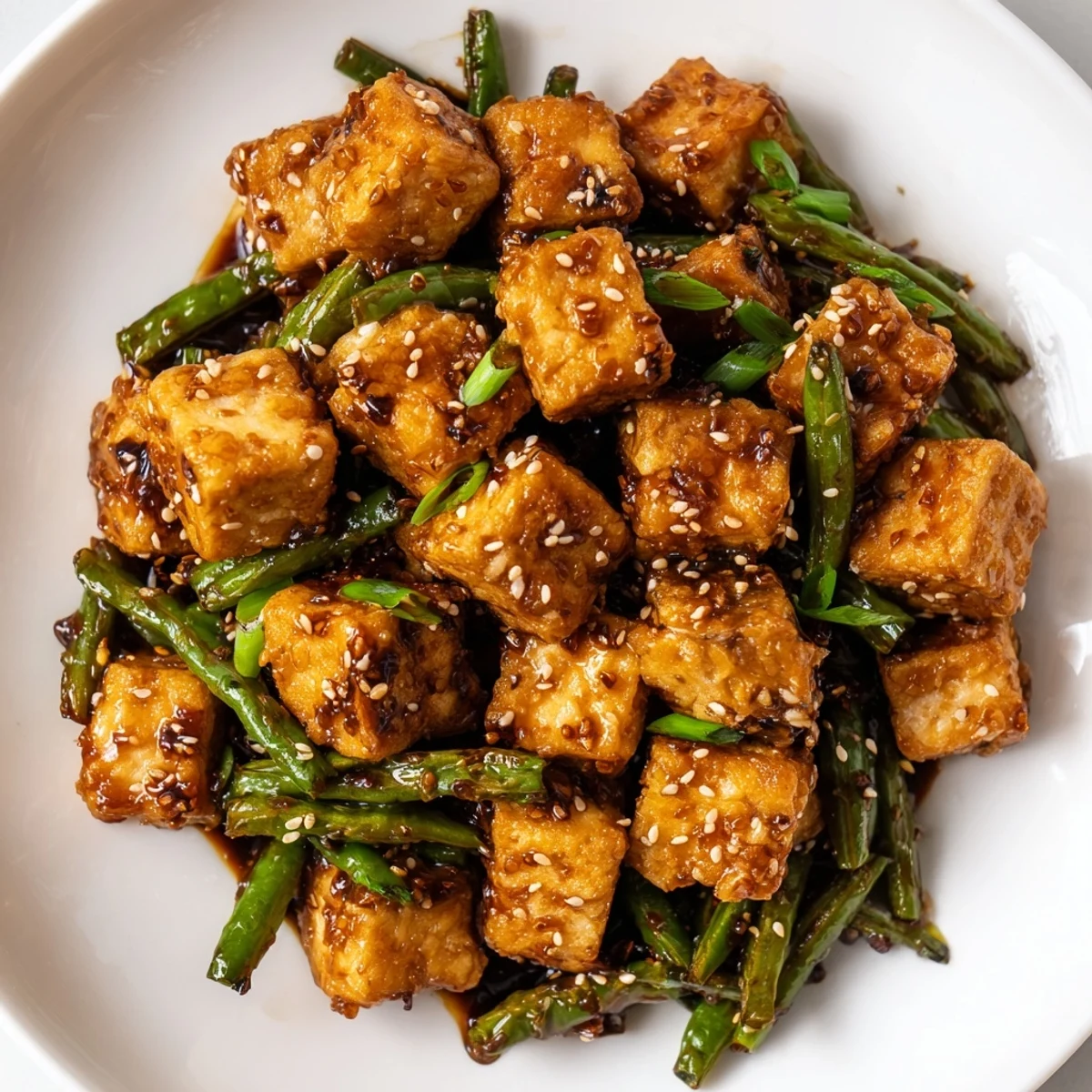 Crispy black pepper tofu and tender green beans plated over steamed jasmine rice