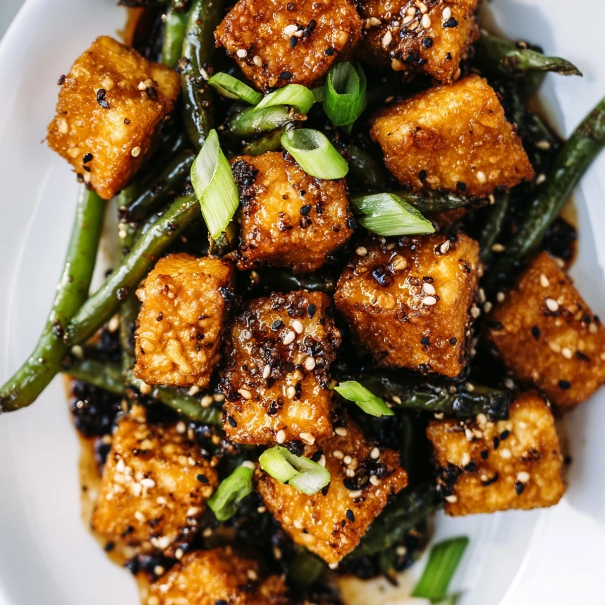 A sizzling skillet of crispy black pepper tofu alongside blistered green beans garnished with scallions