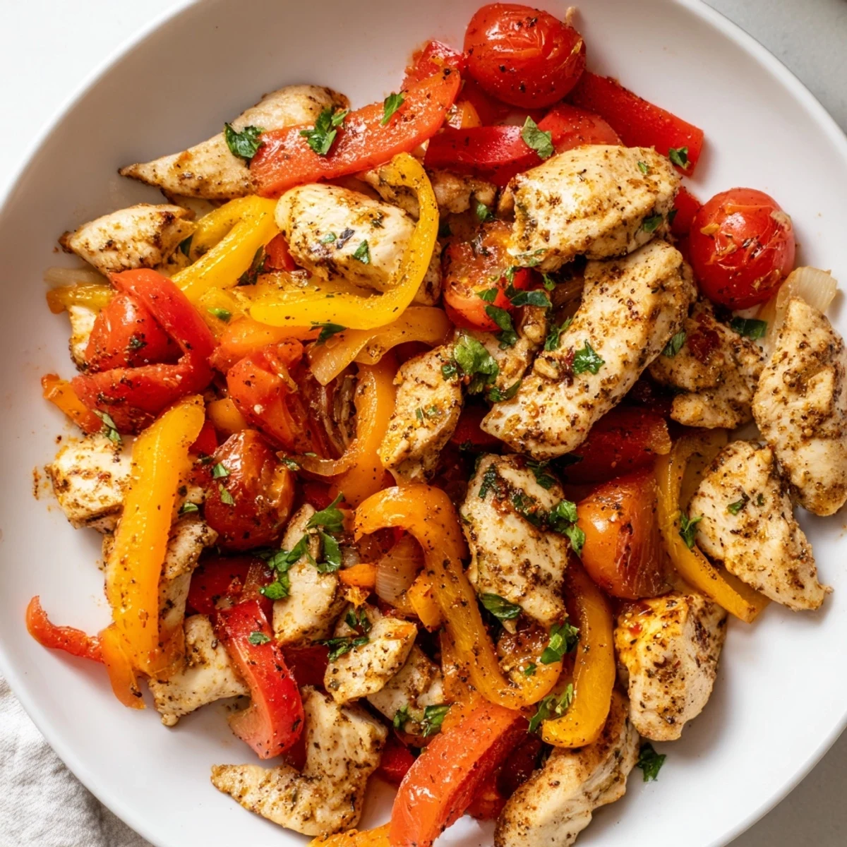 Quick flavorful one pan dish with golden chicken, colorful peppers, and fresh parsley