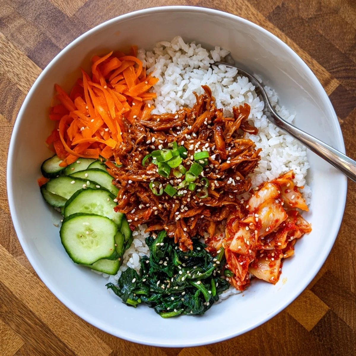 Vegan crispy shredded tofu bulgogi bowl served with kimchi and sautéed spinach