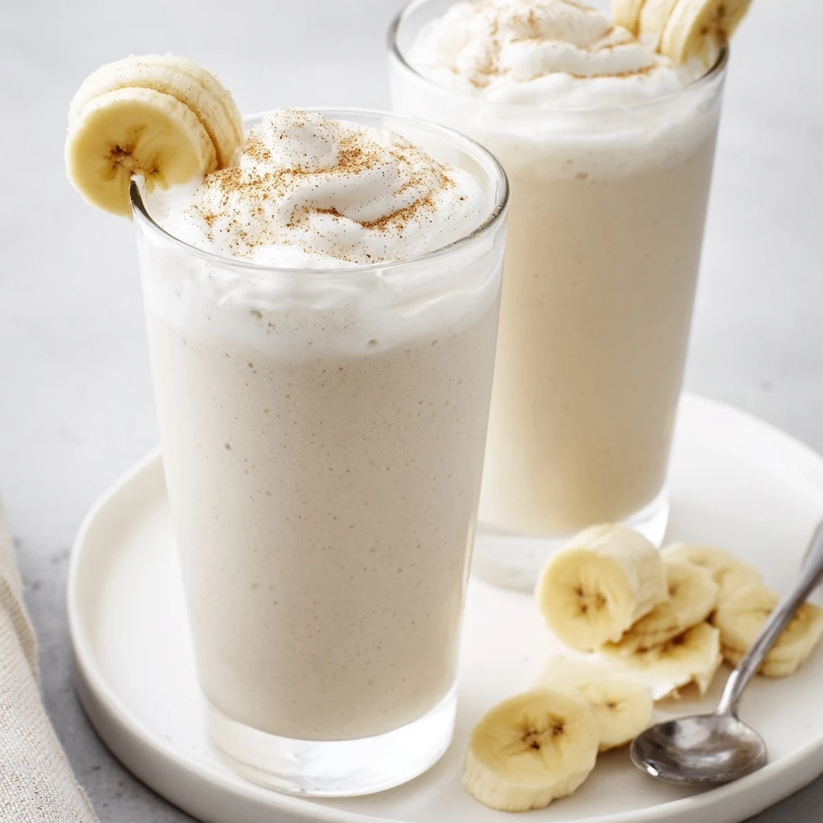 Cold Vanilla Banana Shake poured into chilled glass, frothy, creamy banana aroma.