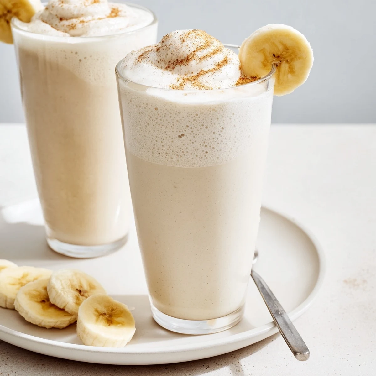 Blended Vanilla Banana Shake, thick texture, served with banana slice garnish.