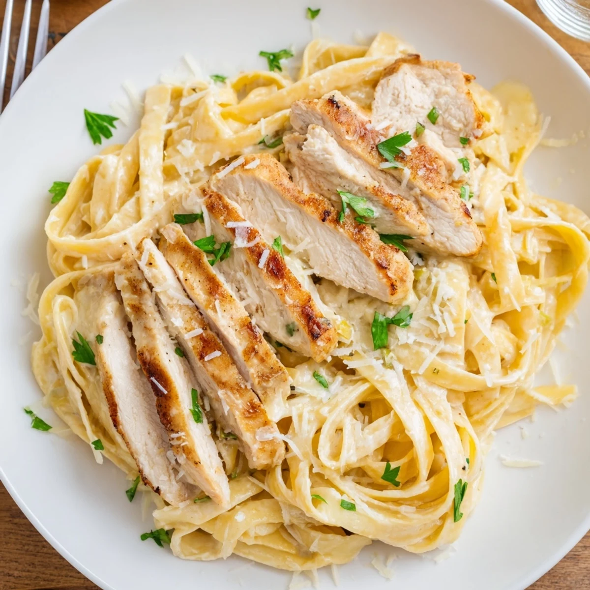 Fork-twisted Creamy Garlic Chicken Pasta bathed in silky sauce, fresh Parmesan