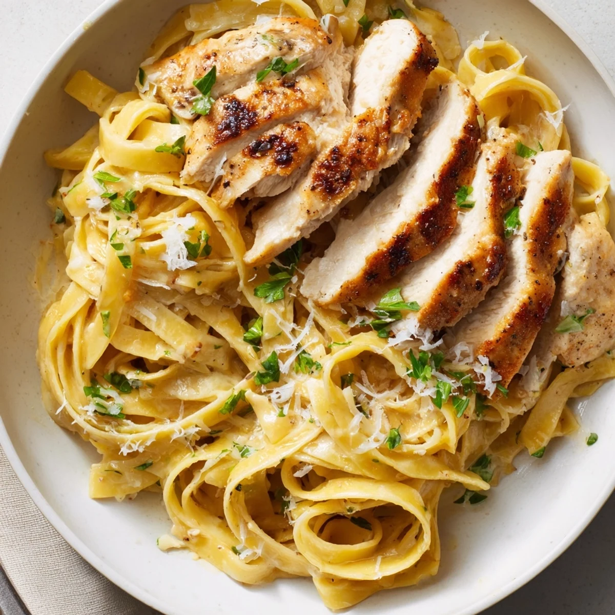 Creamy Garlic Chicken Pasta steaming on plate with golden chicken, parsley garnish