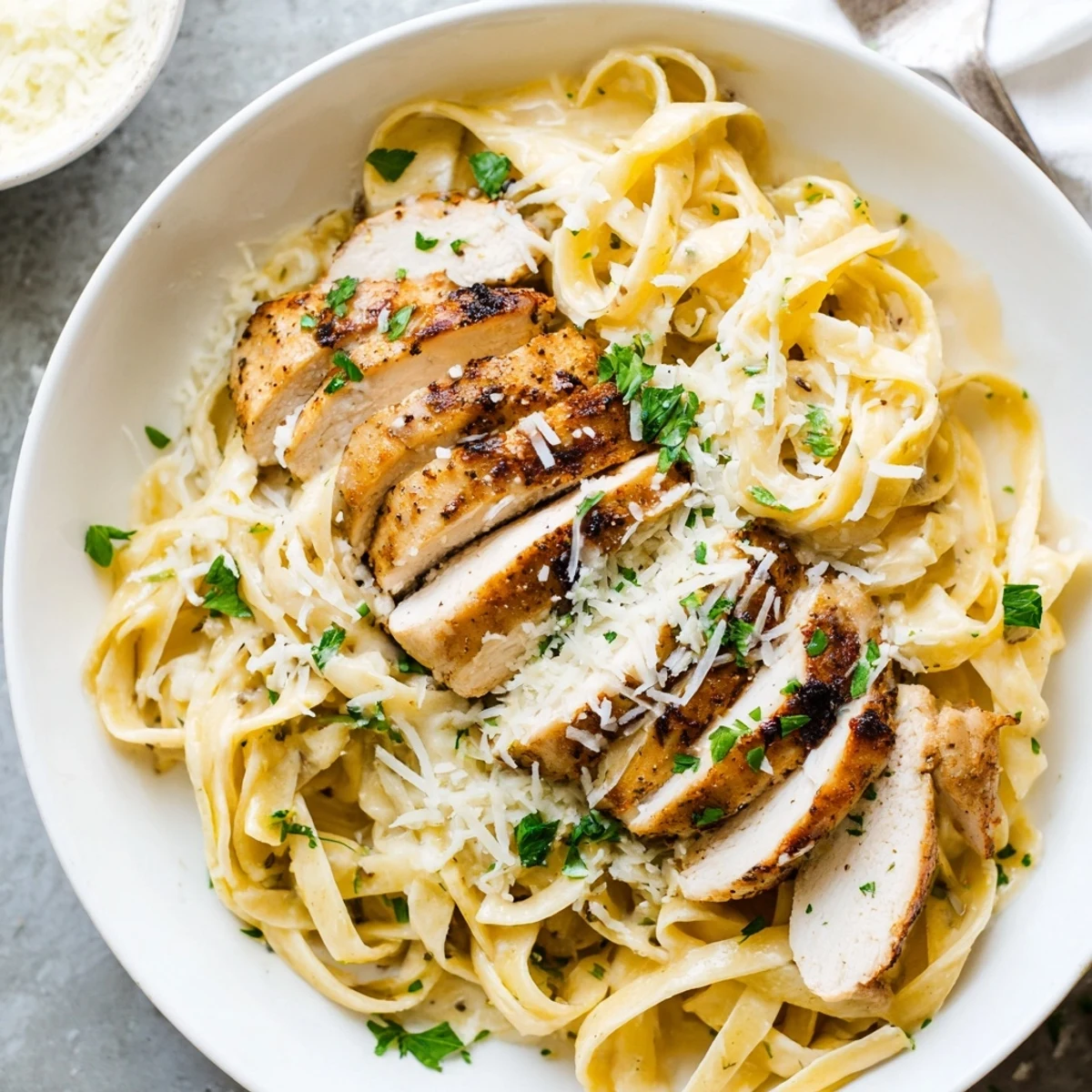 Weeknight-ready Creamy Garlic Chicken Pasta served with crusty garlic bread, lemon