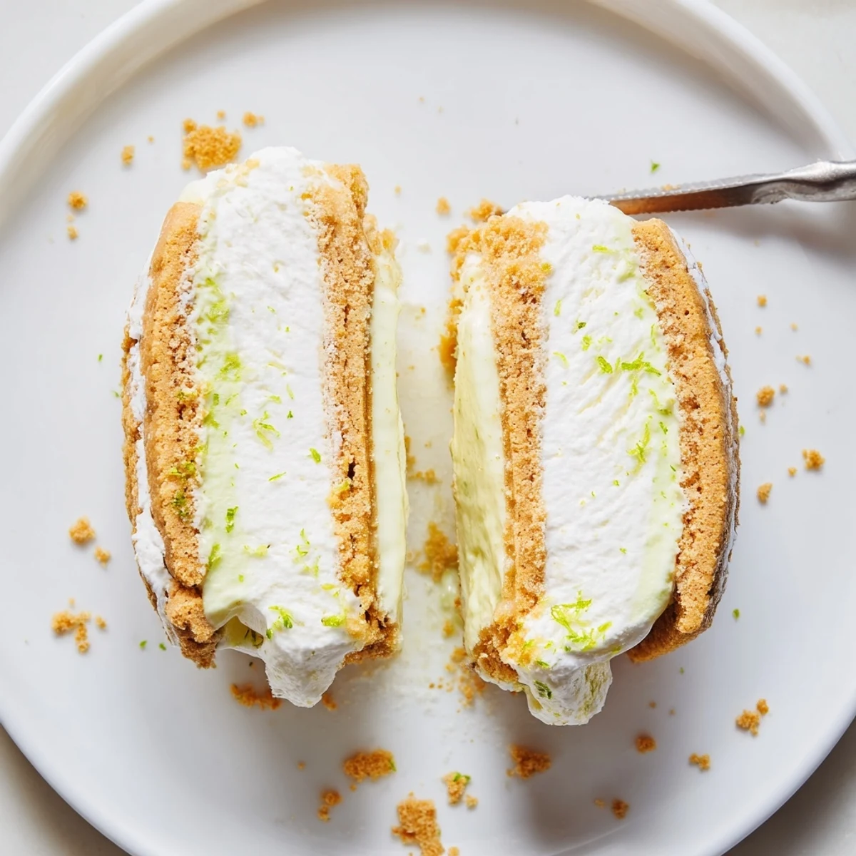 Key Lime Pie Ice Cream Sandwiches with creamy lime filling and golden graham cookies