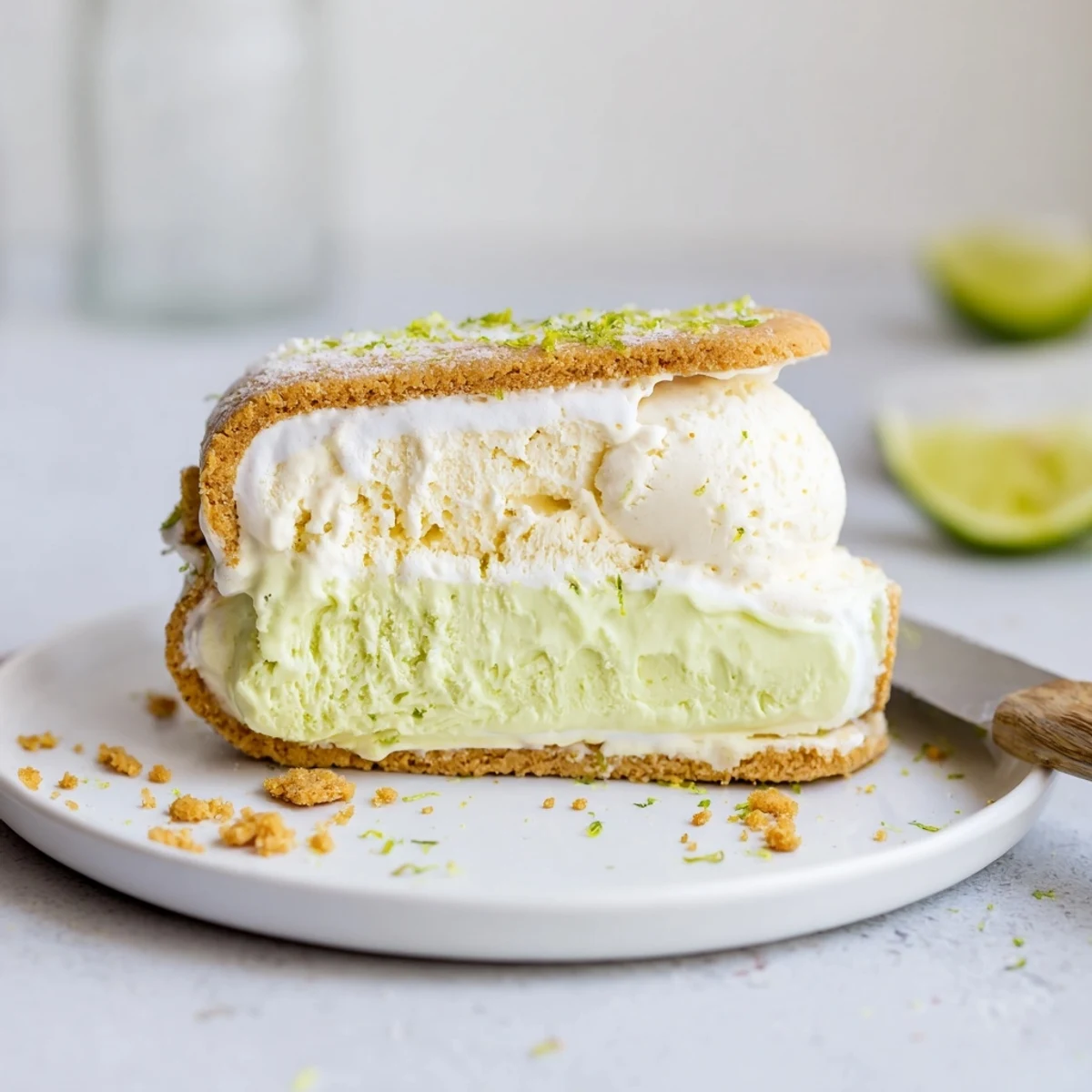 Summer ready Key Lime Pie Ice Cream Sandwiches rolled in crushed graham cracker edges