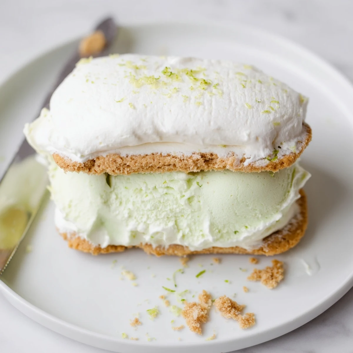 Chilled Key Lime Pie Ice Cream Sandwiches layered between crisp graham cookie rounds