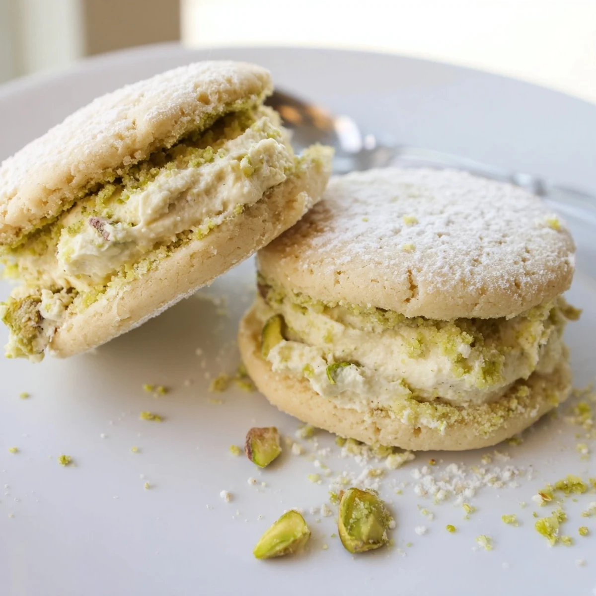 Pistachio Cream Cookies Recipe: buttery sandwich cookies with nutty green filling, tea-ready.  
