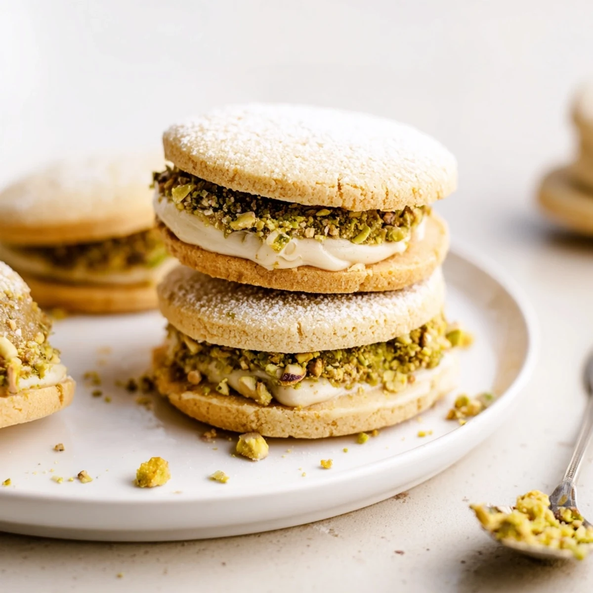 Warm Pistachio Cream Cookies Recipe displayed on wire rack, golden edges.  