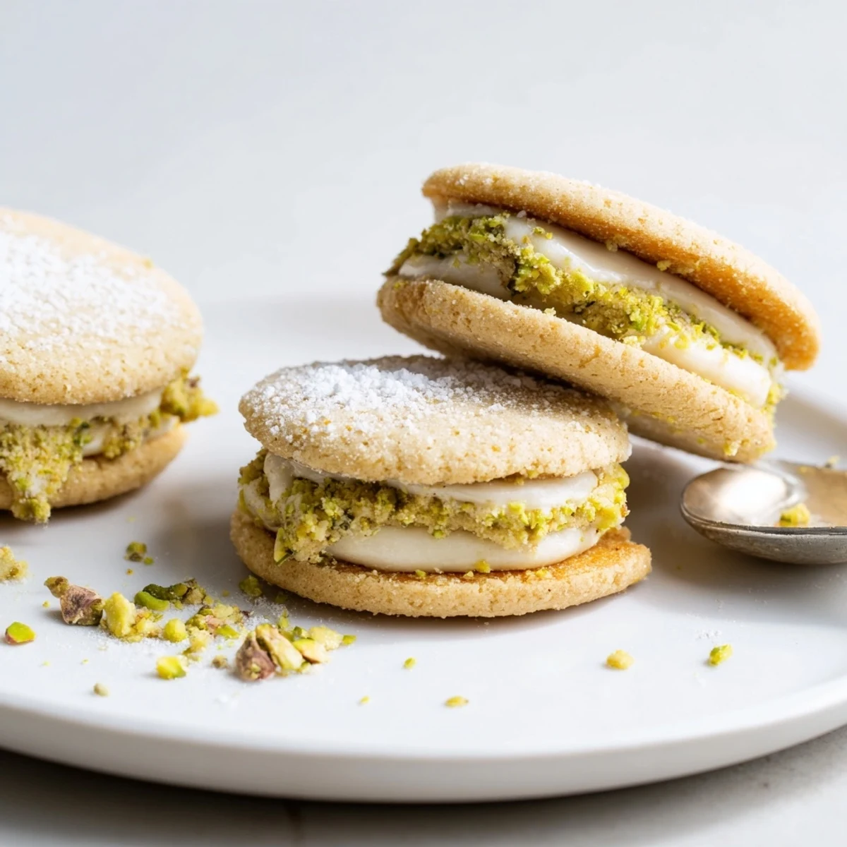 Homemade Pistachio Cream Cookies Recipe, creamy white-chocolate filling, sprinkled pistachios.