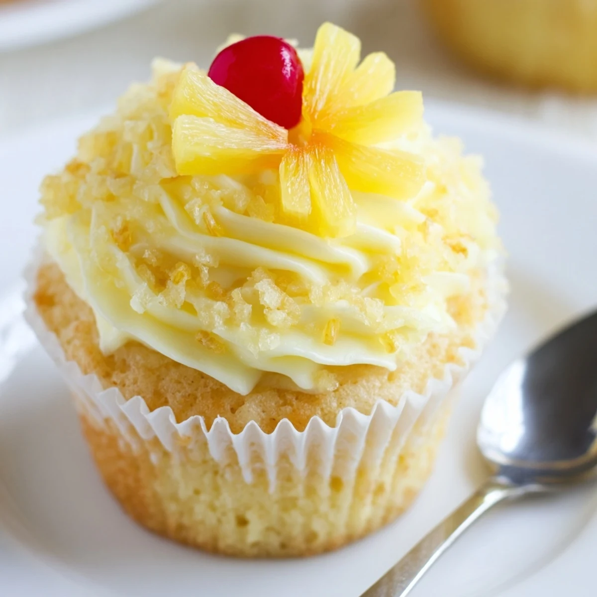 Dole Whip Cupcakes Recipe topped with fluffy pineapple frosting and a cherry.