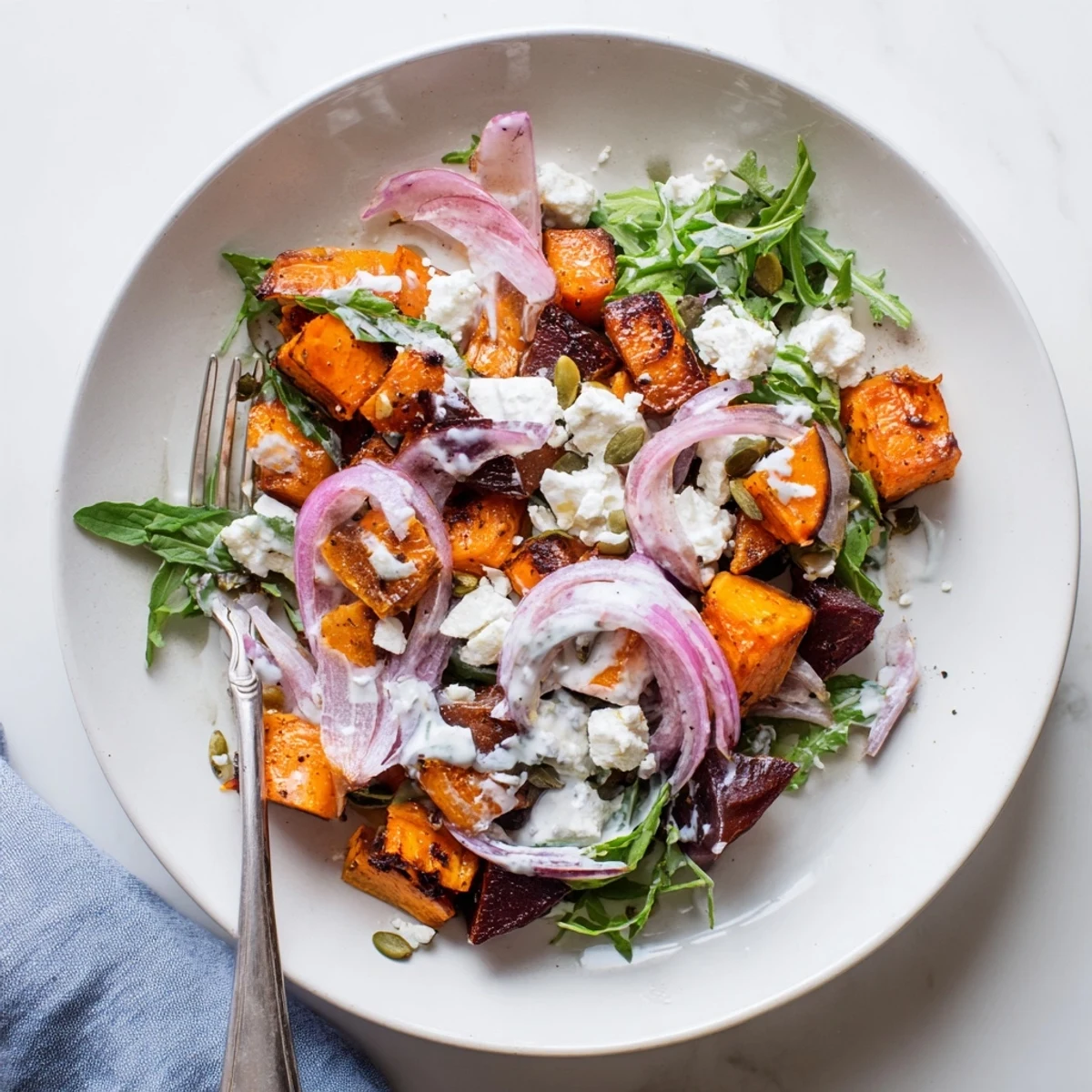 Creamy Roasted Beet Salad With Sweet Potato Feta, warm caramelized beets and tangy crumbles