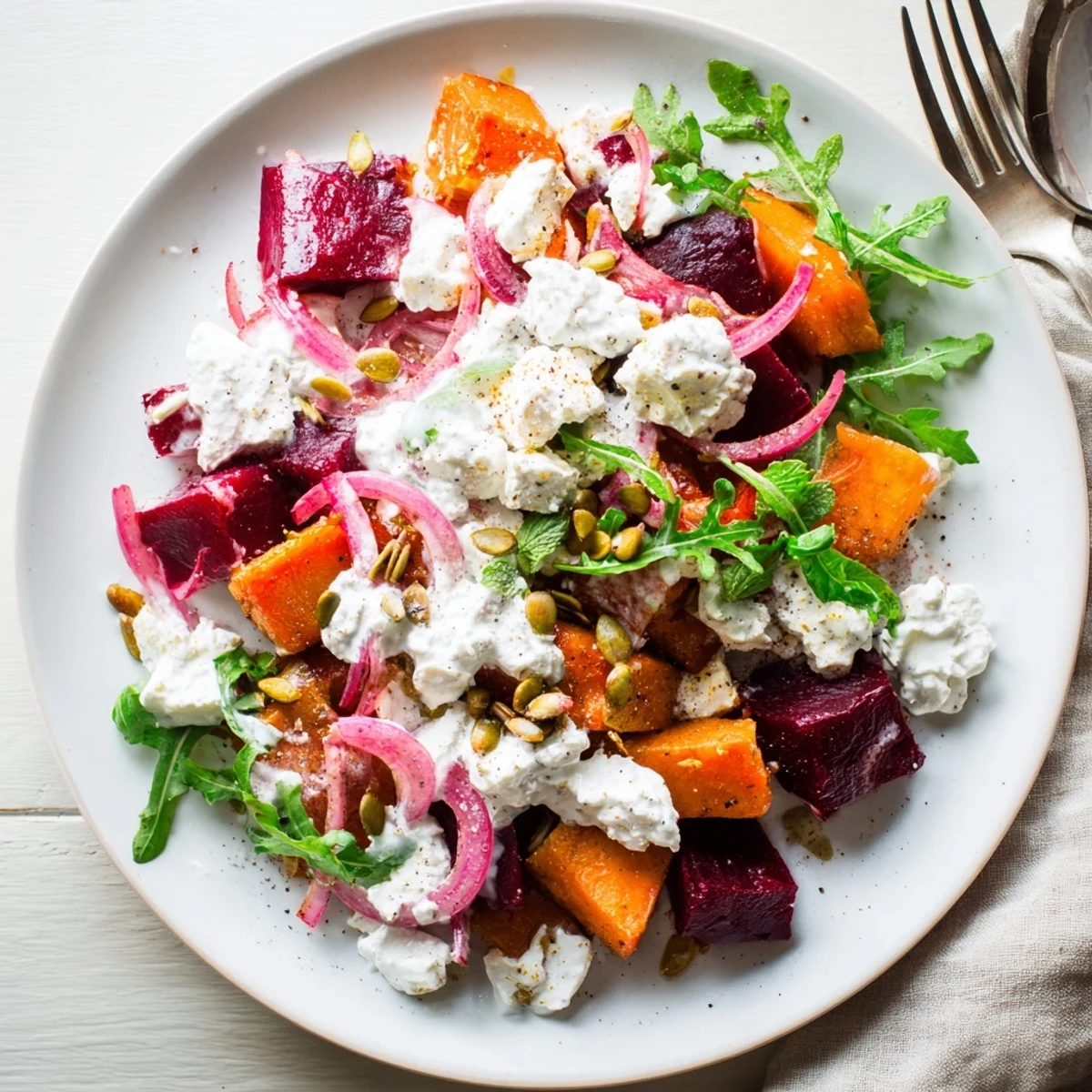 Warm bowl of Creamy Roasted Beet Salad With Sweet Potato Feta, drizzled yogurt dressing