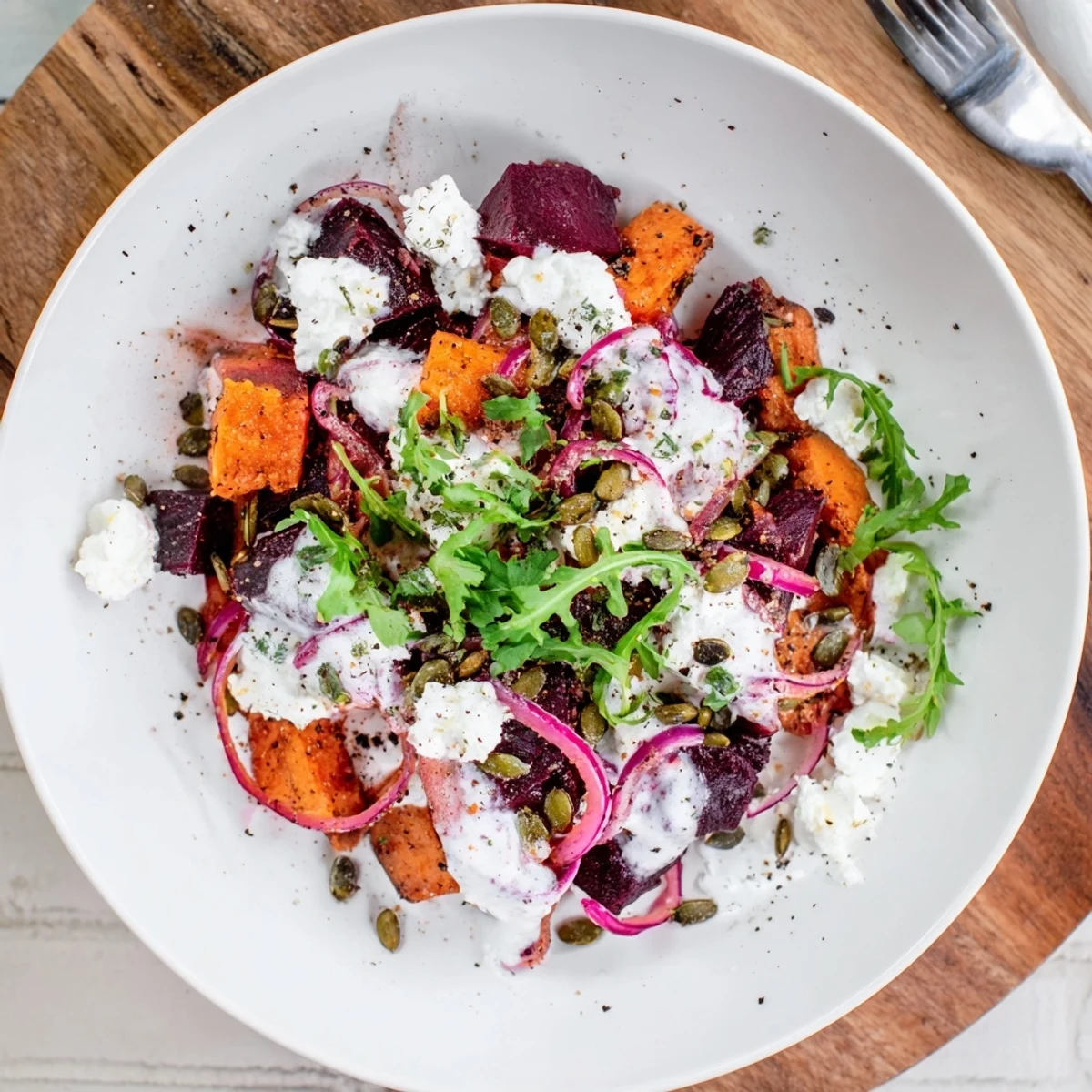 Vibrant Creamy Roasted Beet Salad With Sweet Potato Feta, toasted seeds topping
