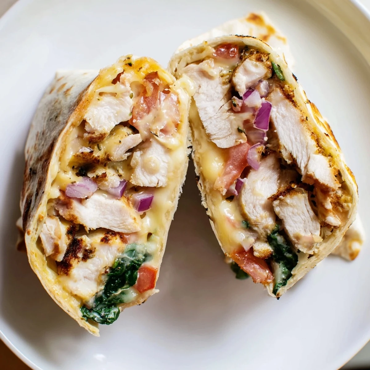 Cozy Cheesy Garlic Chicken Wraps sliced, gooey cheese oozing, skillet grilled golden edges