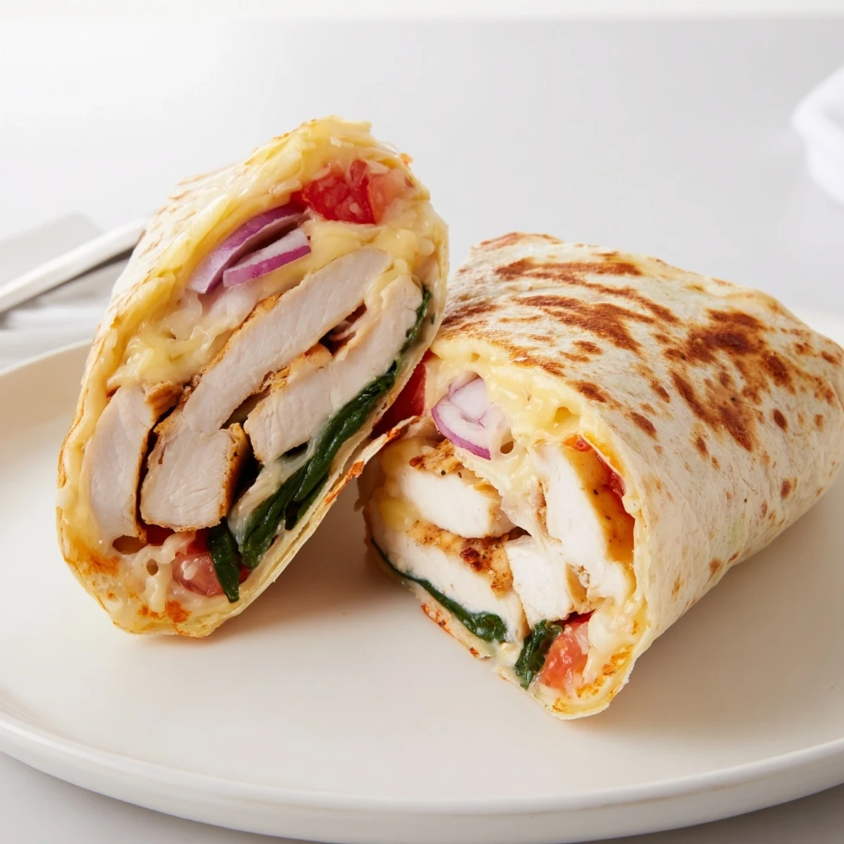 Warm Cozy Cheesy Garlic Chicken Wraps stuffed with tender garlic chicken and spinach