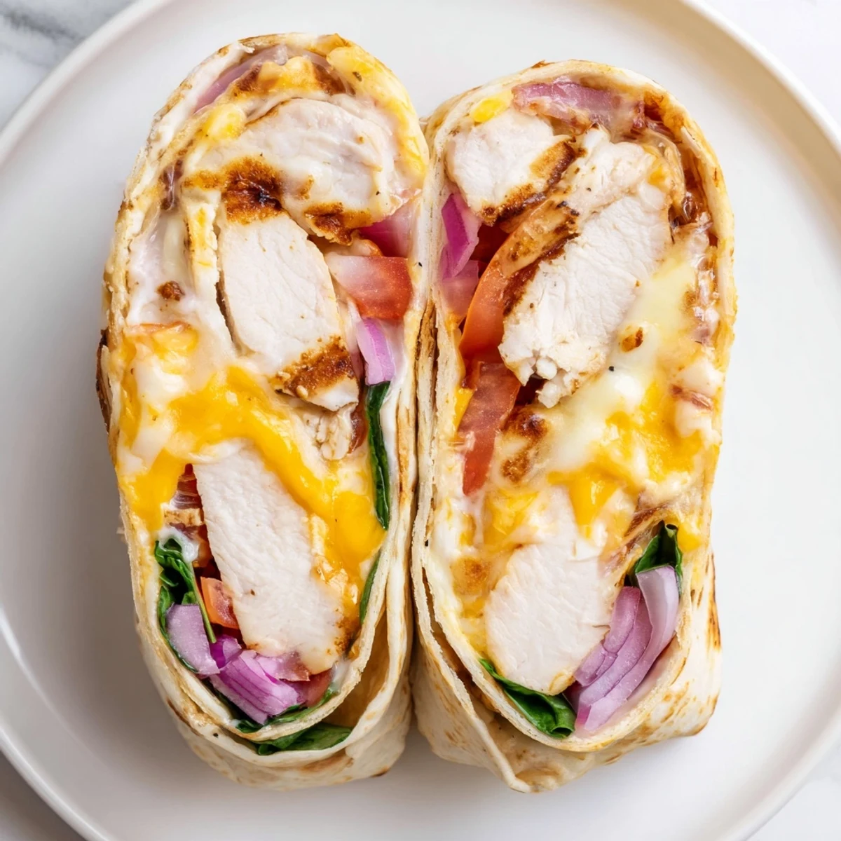 Pan seared Cozy Cheesy Garlic Chicken Wraps served halved, ideal weeknight comfort dinner