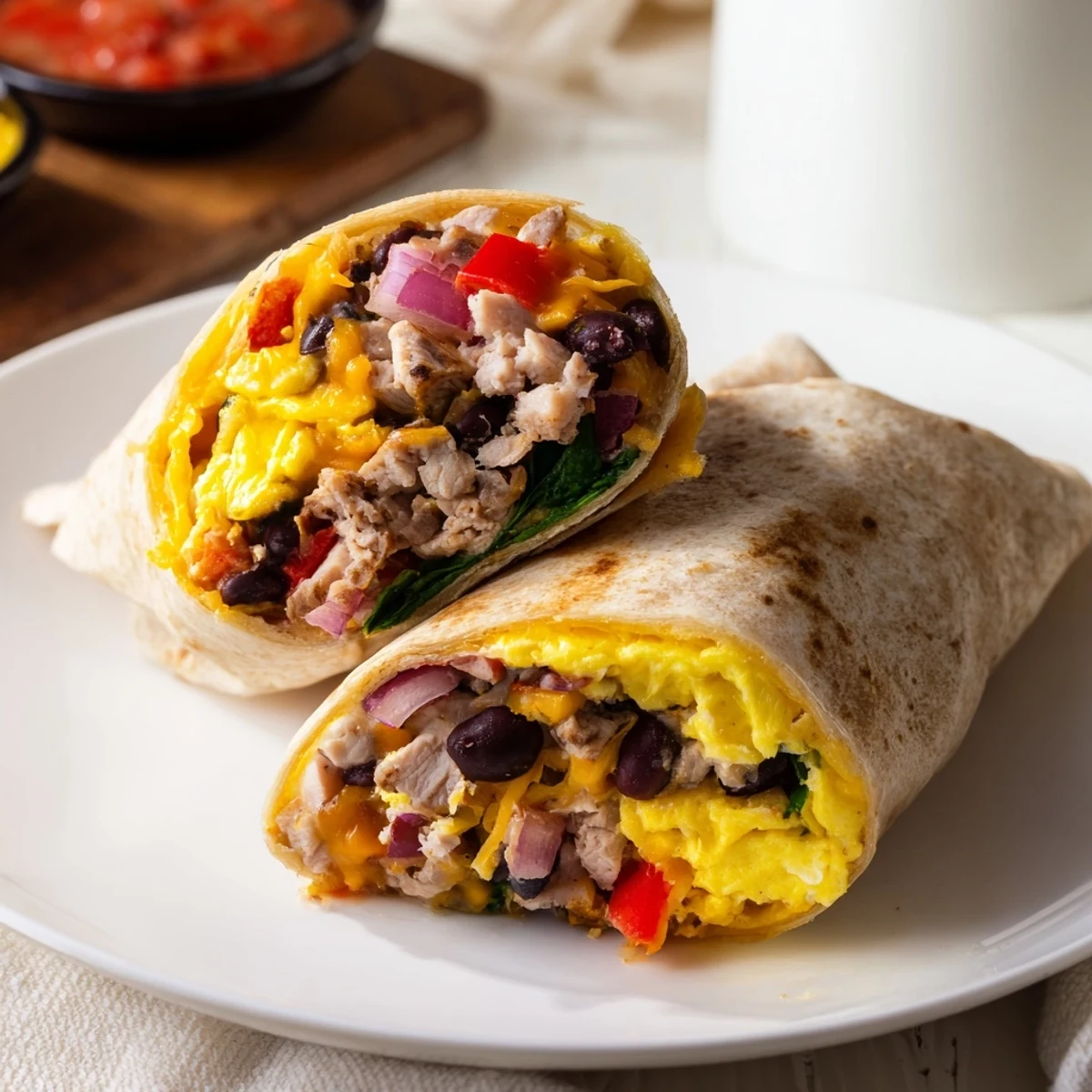 Hearty Protein Breakfast Burrito with turkey, black beans, spinach, served with salsa