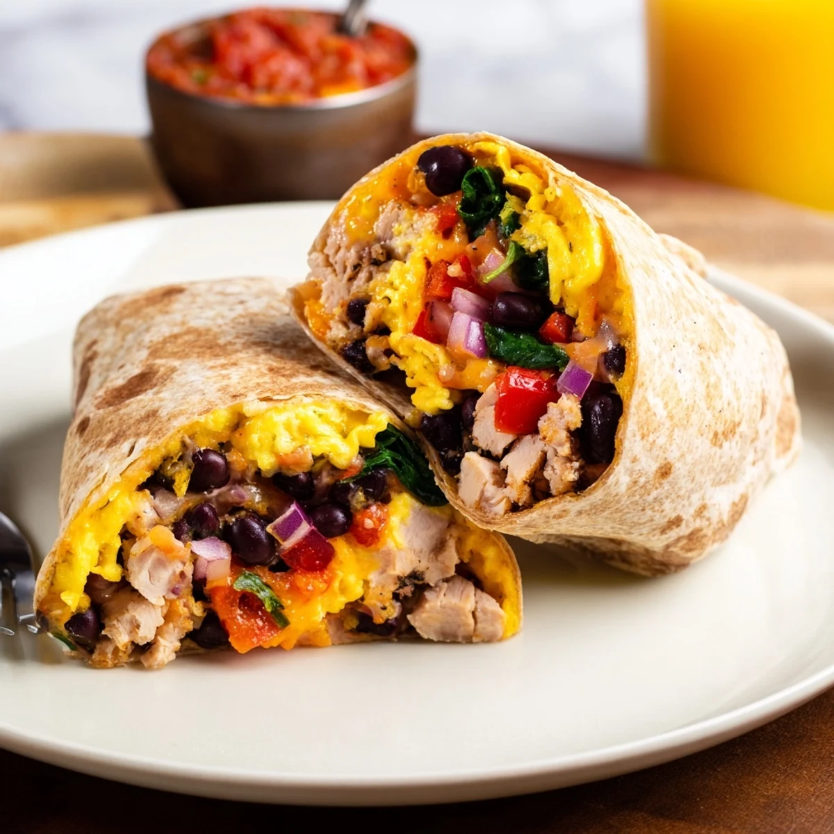 Protein Breakfast Burrito stuffed with scrambled eggs, cheddar, and warm tortillas