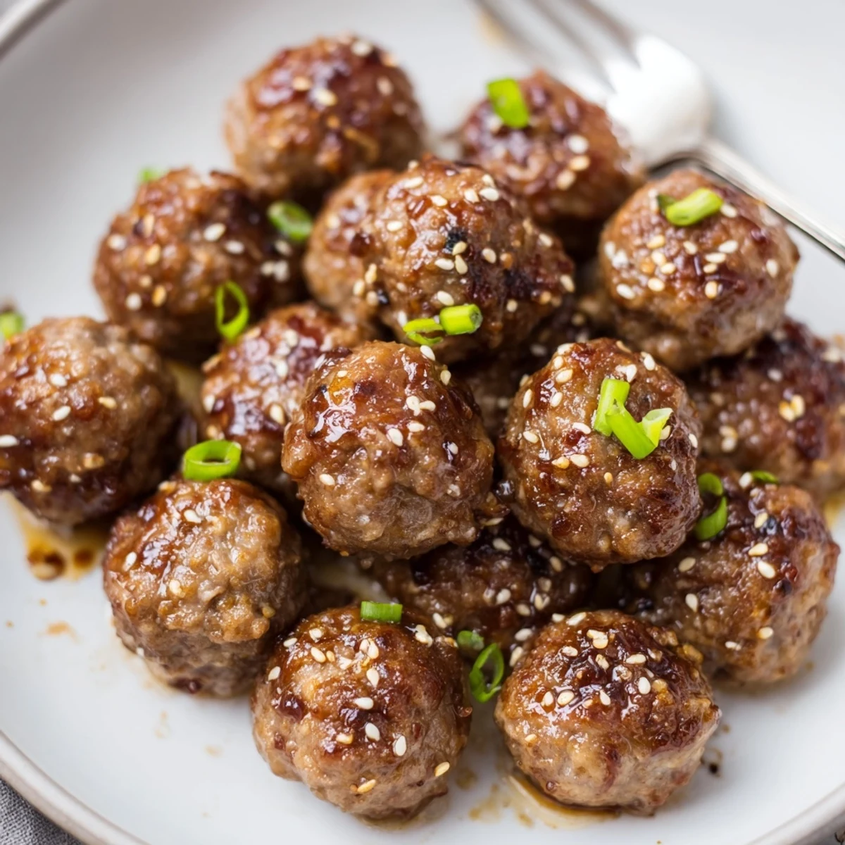 Firecracker Meatballs glistening in sticky red sauce, garnished with sesame and scallions