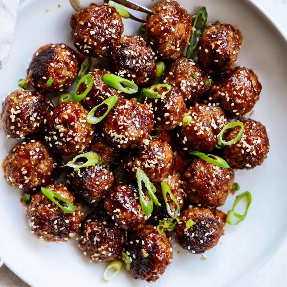 Tray of baked Firecracker Meatballs piled on rice, spicy sweet aroma rising