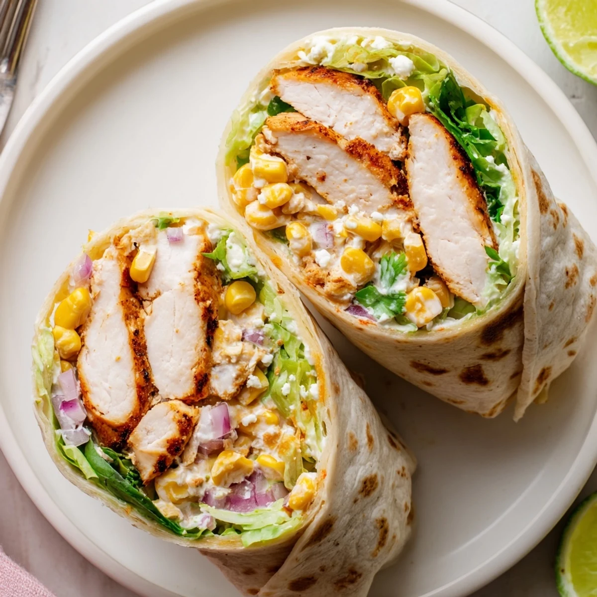 Charred corn and creamy cotija top Quick Mexican Street Corn Chicken Wraps, lime