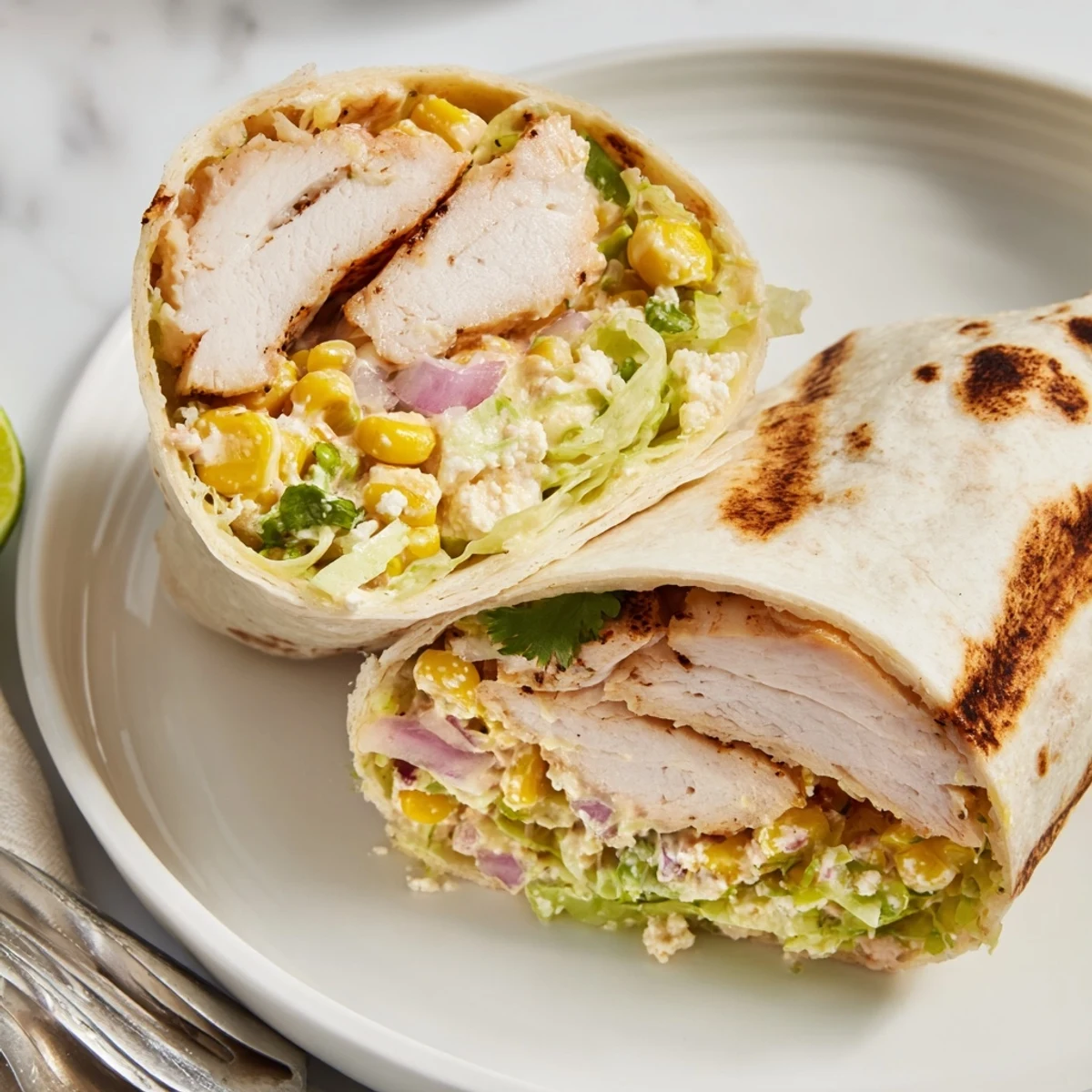 Sliced grilled chicken pairs with zesty corn in Quick Mexican Street Corn Chicken Wraps