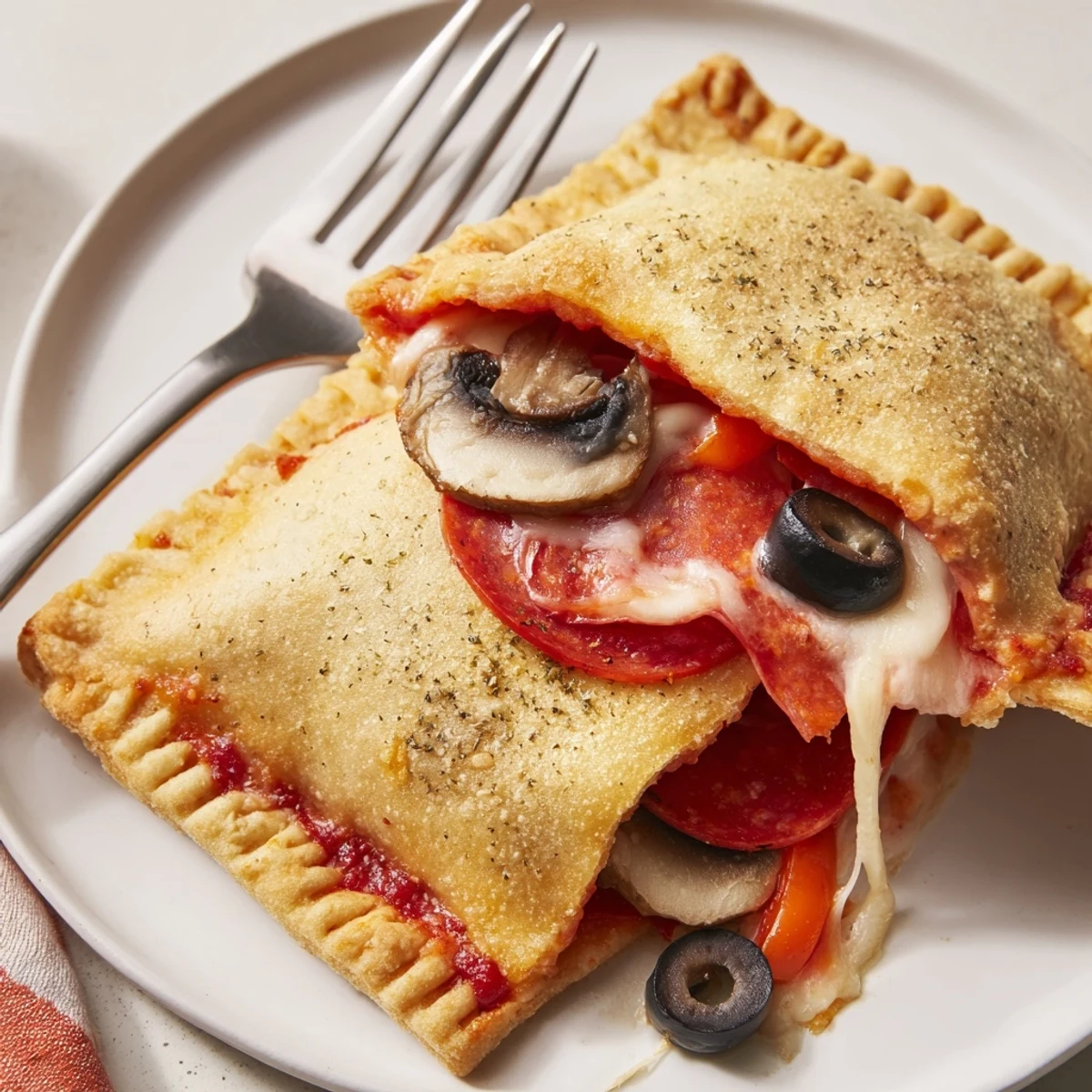 Sliced Pie Iron Pizza Pockets revealing steaming cheese, herbs, served with lemonade