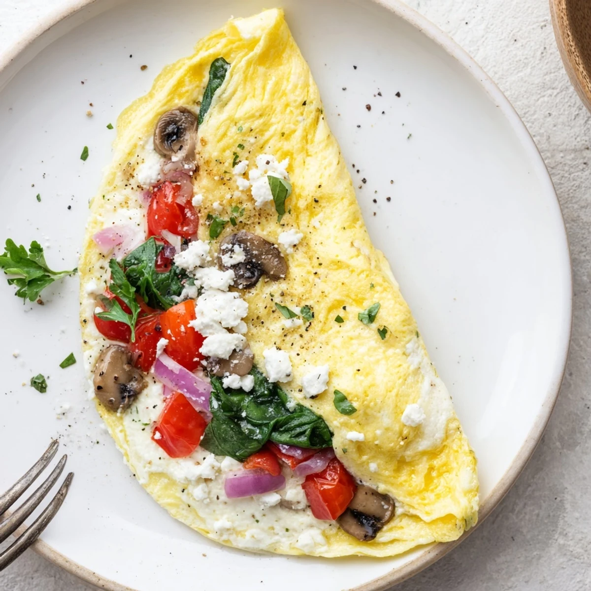 Plate showcases Egg White Omelette with Vegetables, fluffy center and colorful peppers