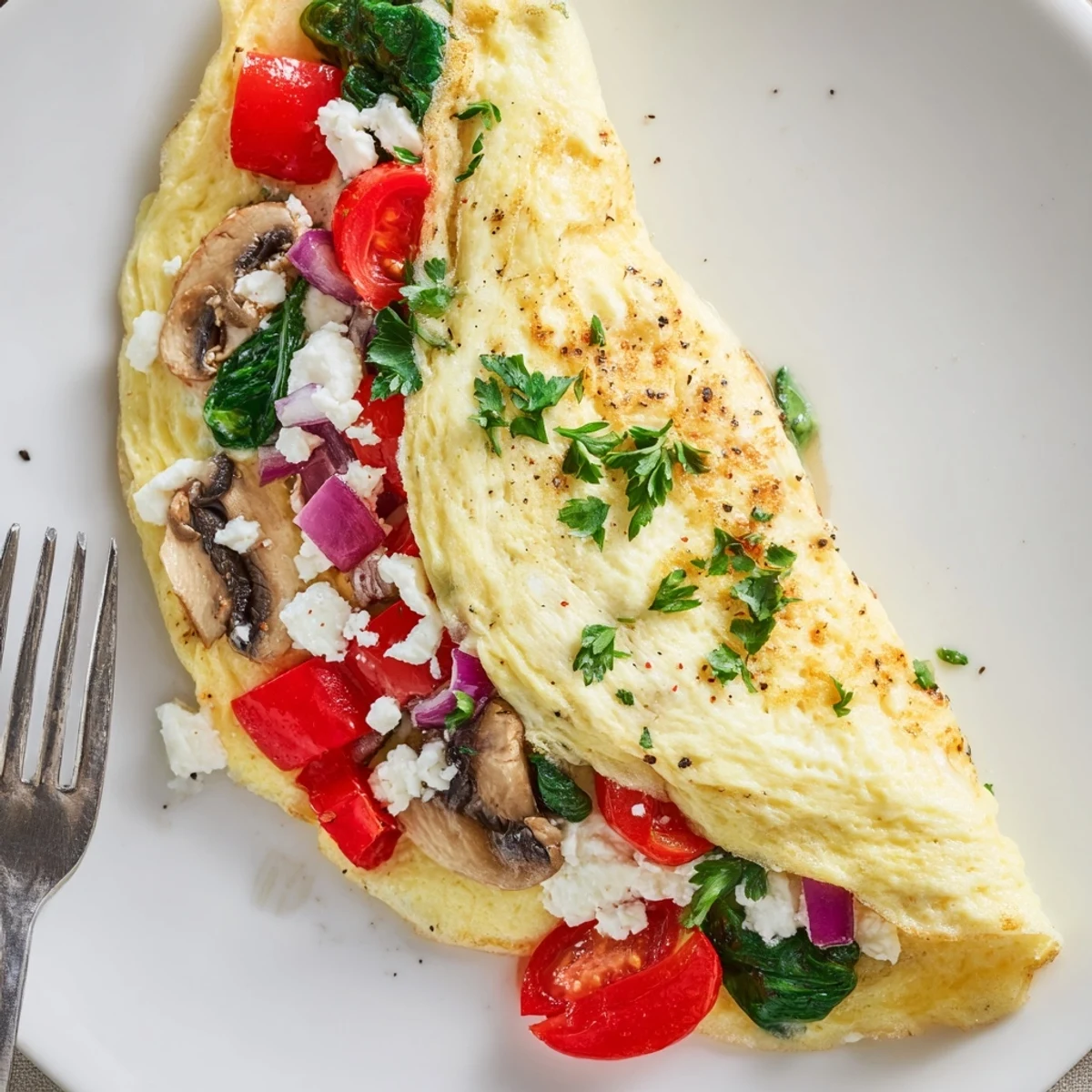 Skillet-cooked Egg White Omelette with Vegetables folded, sprinkled feta, warm toast