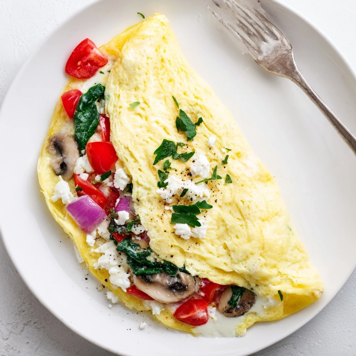 Bright Egg White Omelette with Vegetables garnished with parsley, cherry tomatoes glistening