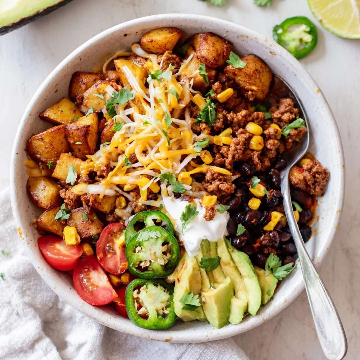 Loaded Potato Taco Bowl with crispy roasted potatoes, melty cheese, and avocado.