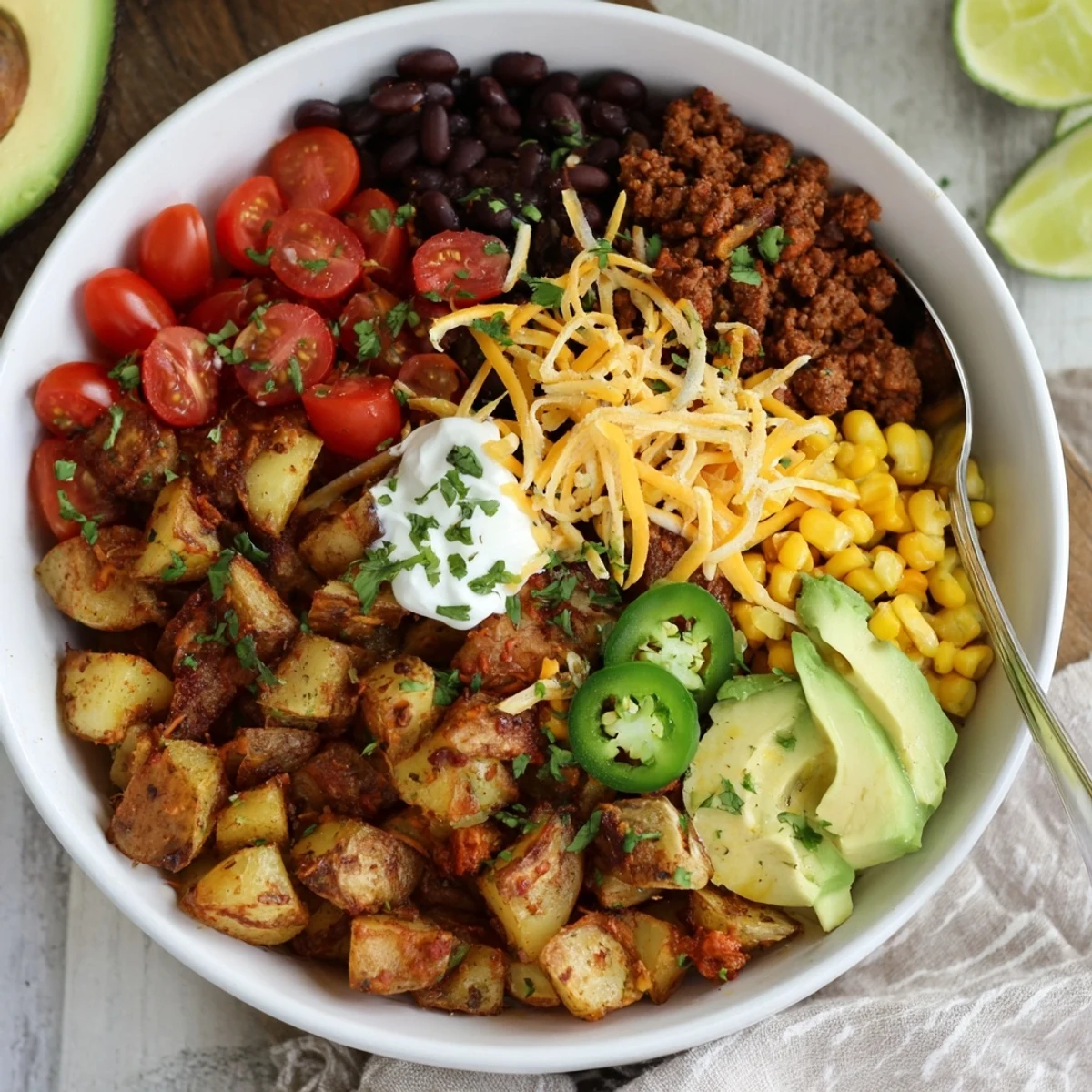 Crisp Loaded Potato Taco Bowl layered with smoky paprika potatoes and salsa.